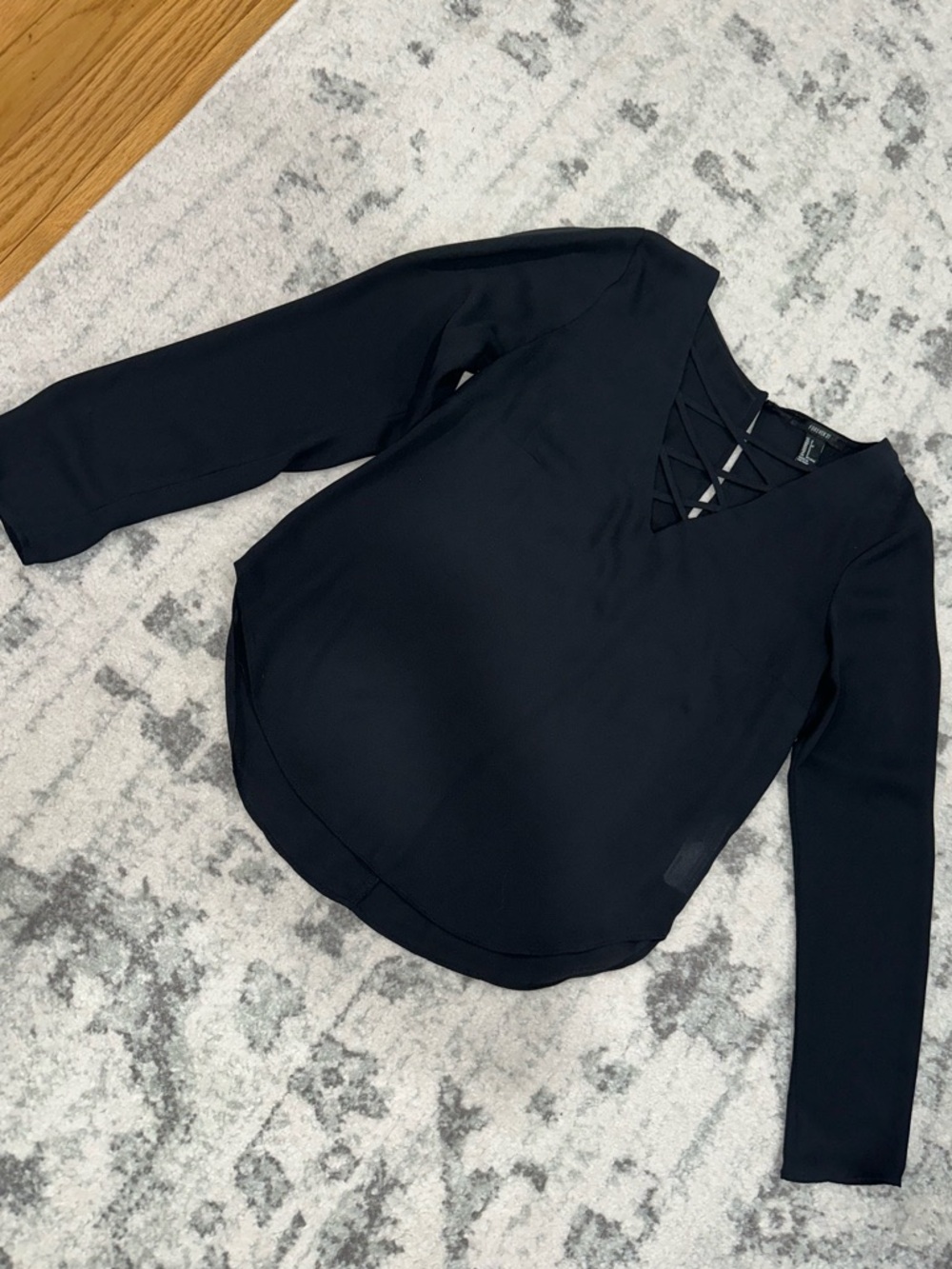 Forever 21 Black Long-Sleeve V-Neck Lattice Blouse